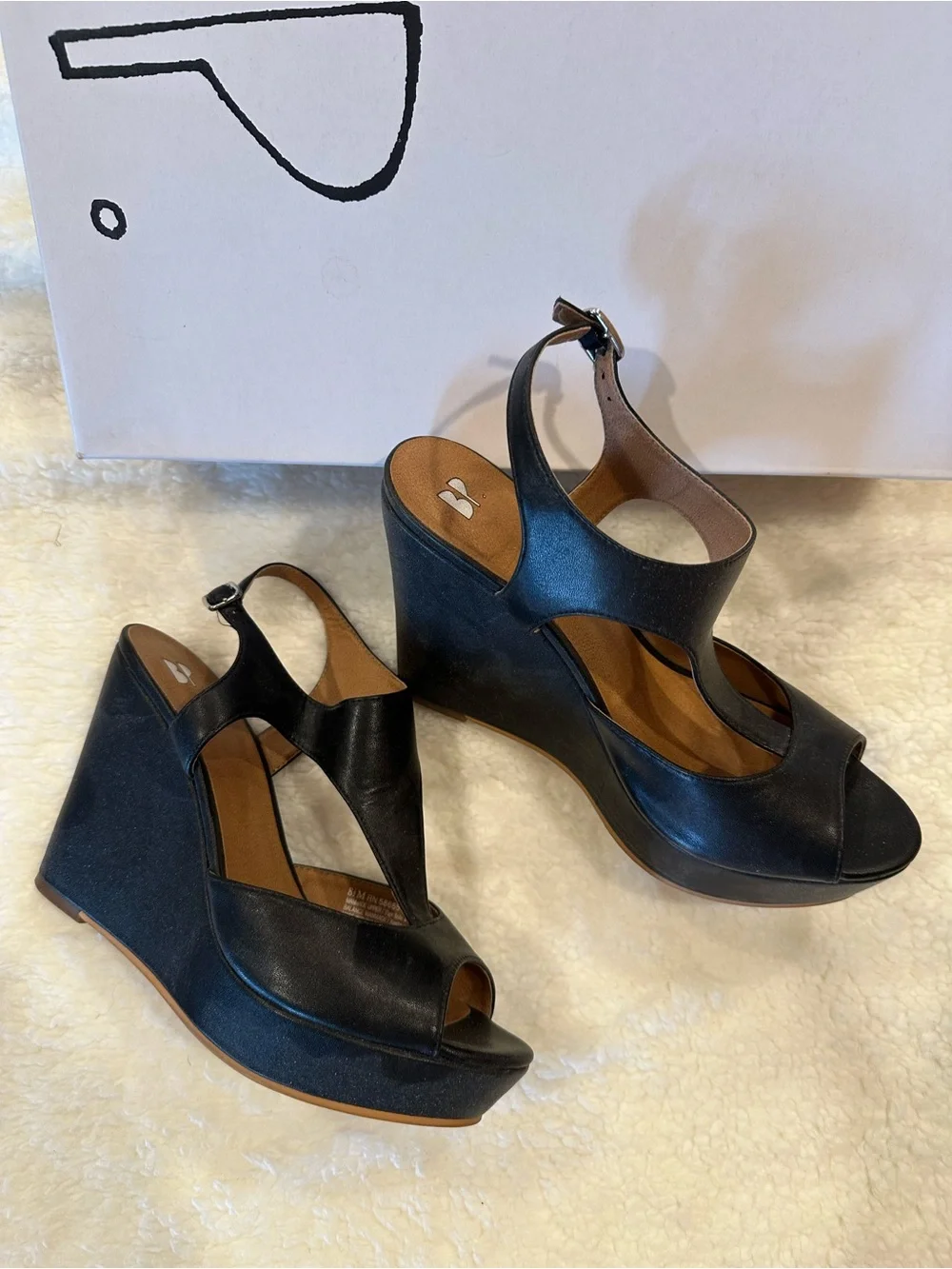 Black Leather Wedge Sandals with Ankle Strap
